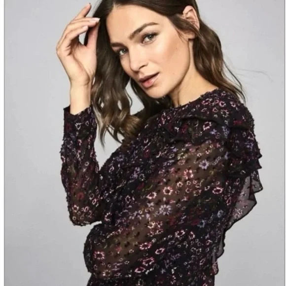 Flaw - New Reiss Long Sleeve Pintuck Floral Ruffle Mini Dress Size 12 NWT - Picture 2 of 13